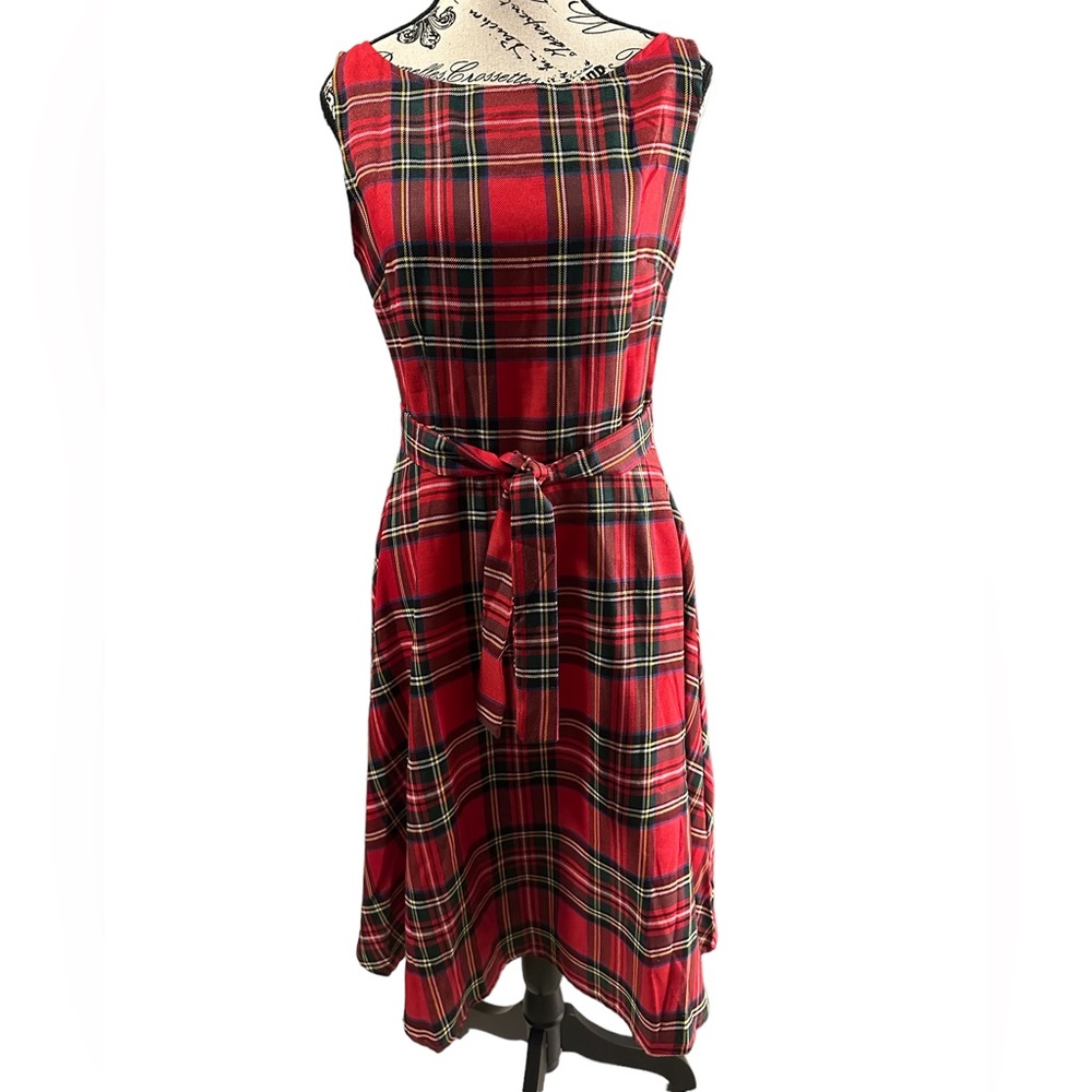 Classic Red Plaid Midi Dress with Tie Waist